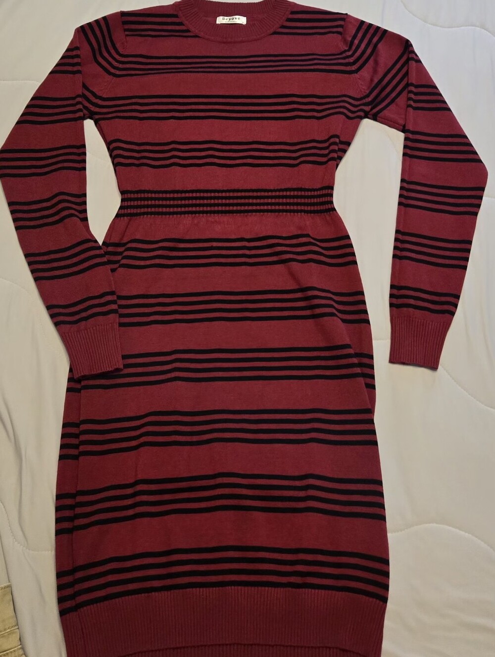 Striped Long-Sleeve Knit Dress - Bordeaux/Black